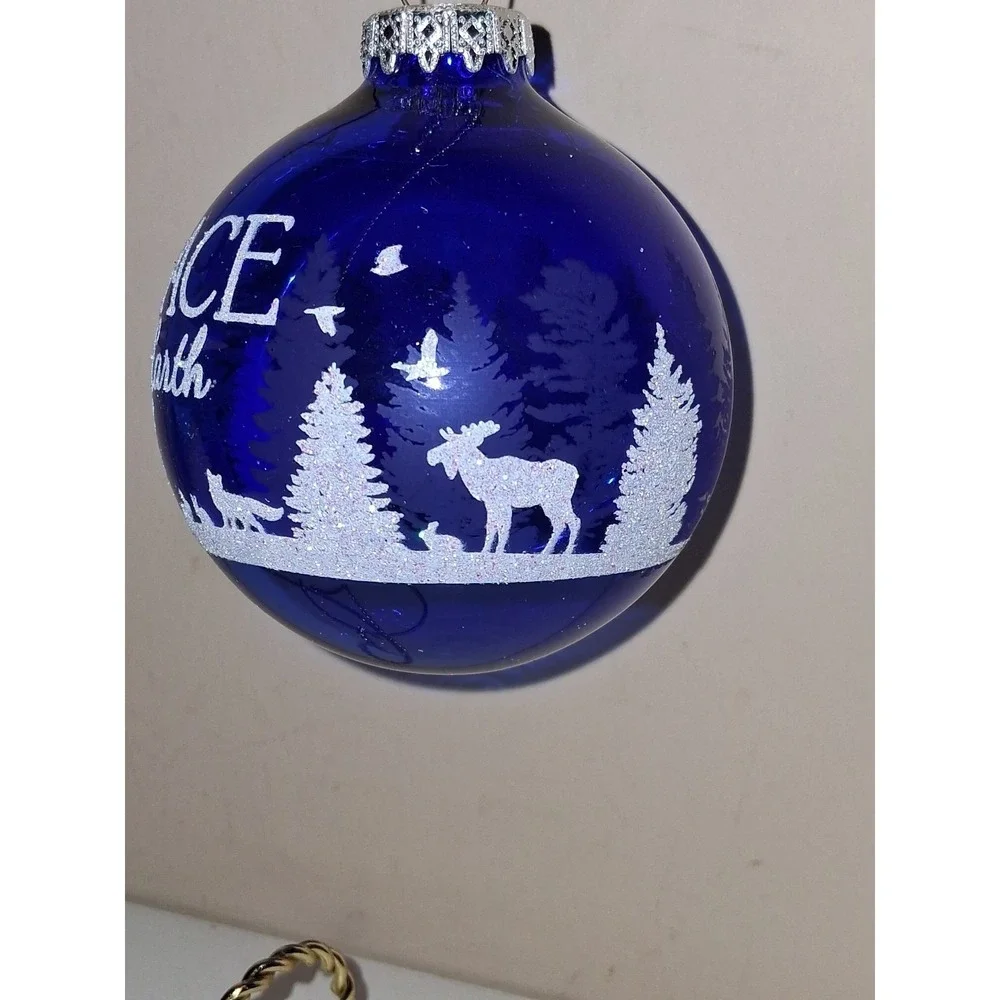 Bronner's Made in Hungary Peace on Earth Blue Glass Christmas Ornament Deer Wood